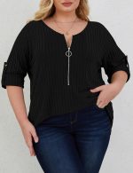 ⁦زامووتاي بلايز مقاس كبير للنساء باكمام ملفوفة 3/4 بقبة V وسحاب ولون سادة خفيف الوزن⁩ - الصورة ⁦2⁩