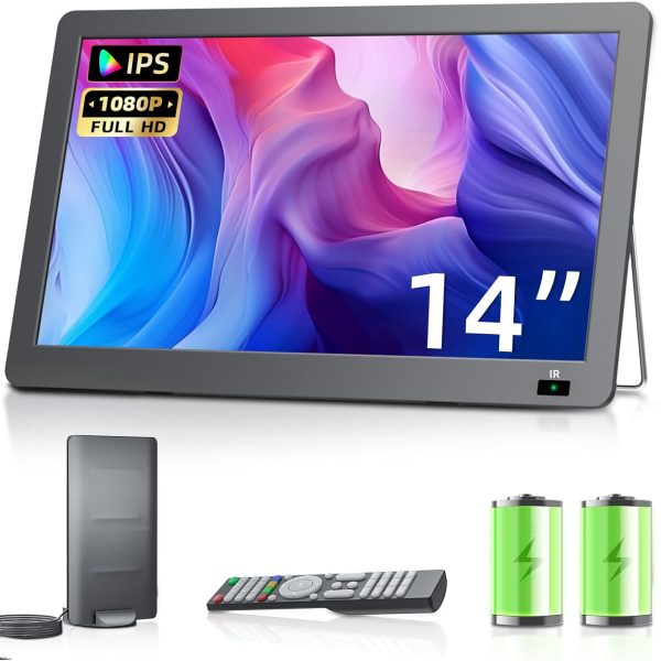 ديسوبري تلفزيون محمول جديد 14.2 بوصة صغير 1080P مع بطارية وموالف DVB-T2، مدخل USB HDMI ايه في، تلفزيون سيارة محمول للتخييم والمنزل المتنقل والمطبخ