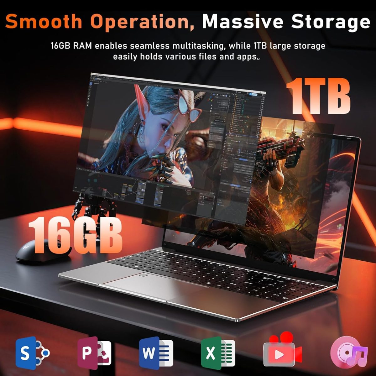 ⁦لابتوب العاب شيفو يو 2025 R7 5700U (8C/16T حتى 4.3GHz) وRAM 16GB وSSD 1TB وشاشة FHD 15.6 انش وبطاقة عرض مرئي راديون RX فيجا 8 وبطارية 5 ساعات وكيبورد باضاءة خلفية وUSB 3.2 ومنفذ نوع C وفتح FP⁩ - الصورة ⁦3⁩