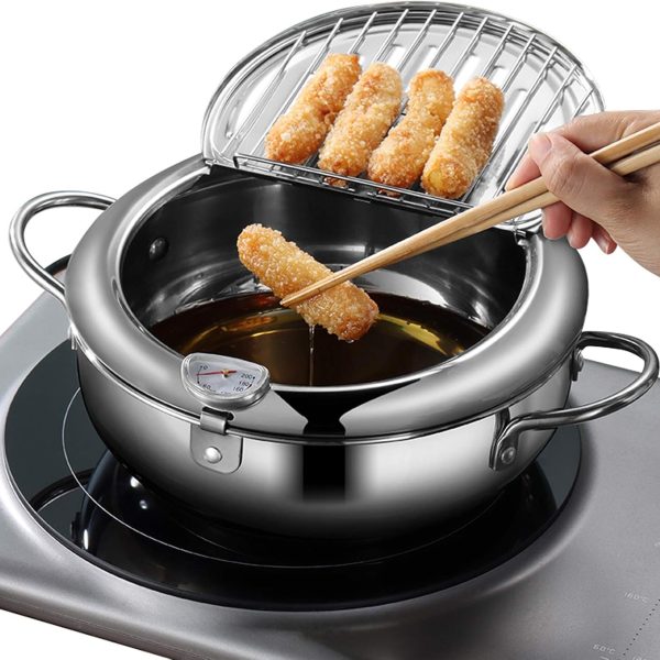 منزل تصنعه بنفسك وعاء مقلاة عميقة - مقلاة عميقة يابانية صغيرة من الستانلس ستيل مع ميزان حرارة وغطاء ورف تصريف لتقطير الزيت للبطاطس المقلية والروبيان واجنحة الدجاج والروبيان (24 سم/9.4 انش)