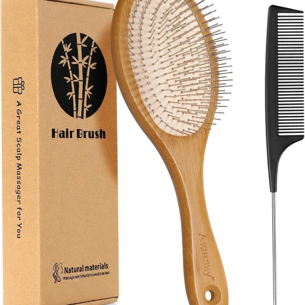 فرشاة فك تشابك الشعر، فرشاة رطبة وجافة للشعر الكثيف والمجعد مع مجداف هواء وشعيرات من الستانلس ستيل، مشط فرشاة لتدليك الراس / تحفيز فروة الراس / نمو الشعر / العناية اليومية بالشعر (بيضاوي)