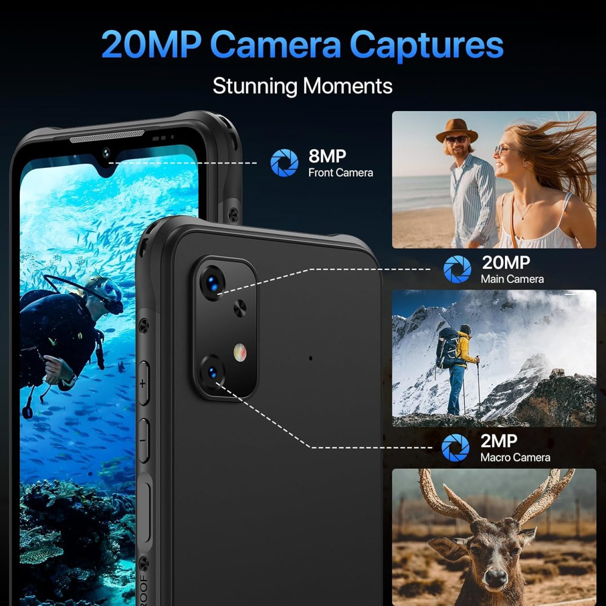 ⁦يوميدجي جوال بيسون X20 اندرويد 13 متين مقاوم للماء IP68/IP69K 6000mAh 12 (6+6) + 128GB/TF 1TB قابل للتوسيع وشاشة 6.55 انش NFC AGPS و4G ثنائي شرائح الاتصال⁩ - الصورة ⁦4⁩