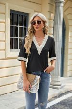 ⁦قمصان نسائية كاجوال 3/4 كم دانتيل برقبة على شكل حرف V، بلايز عصرية مجوفة مزينة بالزهور⁩ - الصورة ⁦4⁩