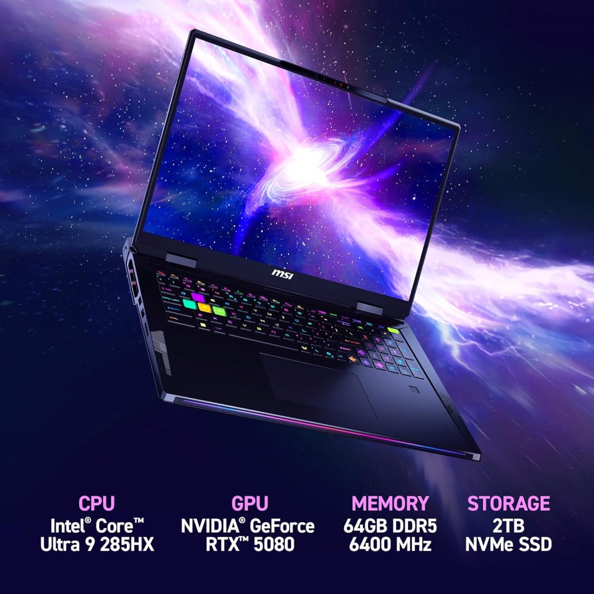 ⁦MSI لابتوب رايدر 18 HX AI 18 انش 120Hz UHD+ للالعاب، انتل كور U9-285HX، انفيديا جيفورس RTX 5080، 64GB DDR5، 4TB NVMe SSD، ثاندربولت 5، واي فاي 7، ويندوز 11 هوم، اسود A2XWIG-014US⁩ - الصورة ⁦2⁩