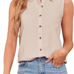 قميص كاجوال بدون اكمام بازرار امامية للنساء من اكسويوكري مصنوع من القطن والكتان بلون سادة ورقبة على شكل حرف V