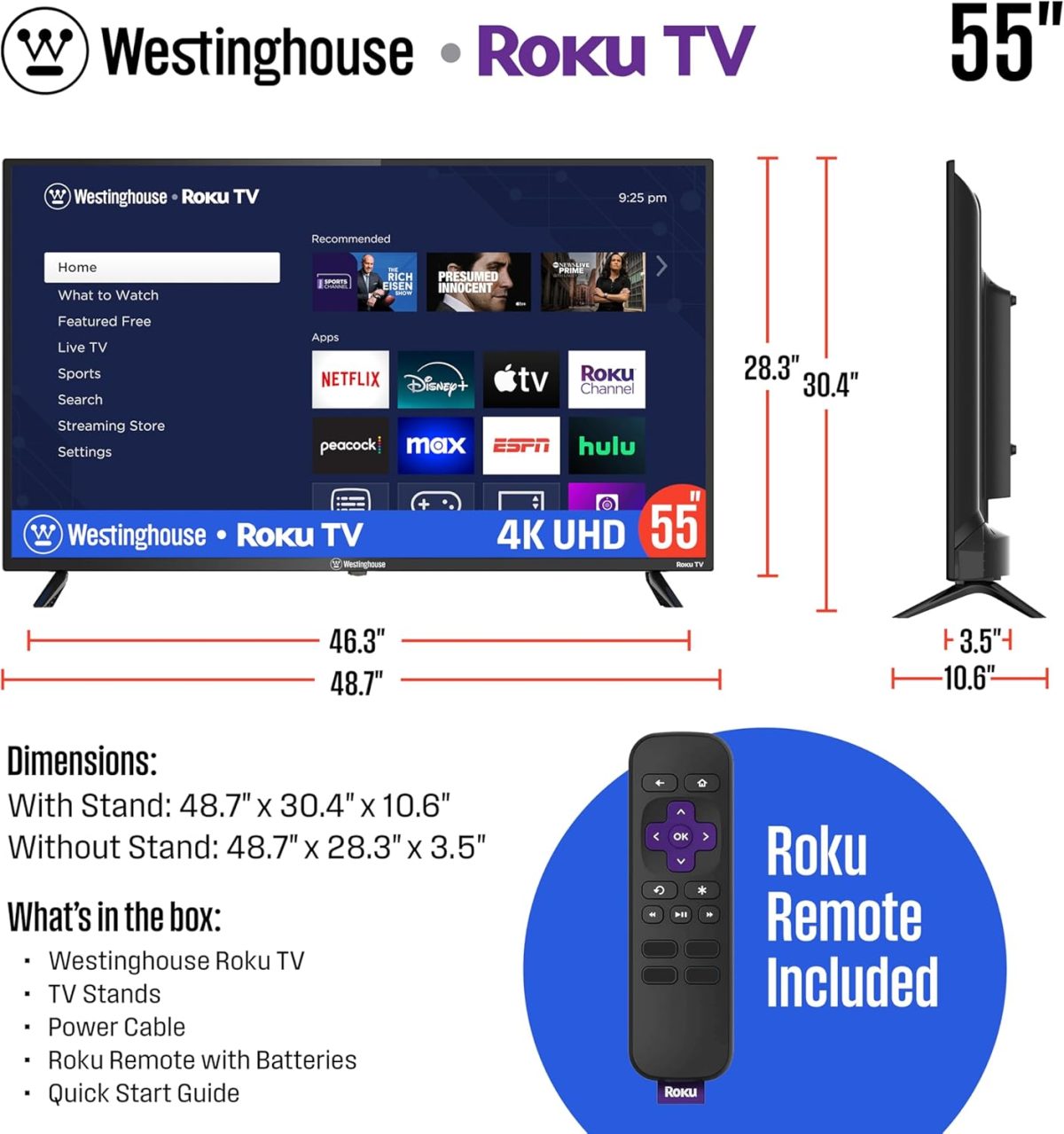 ⁦وستنجهاوس تلفزيون روكو من ايدجليس - تلفزيون ذكي 55 بوصة، 4K LED UHD مع HDR 10، اتصال واي فاي وتطبيق جوال، شاشة مسطحة متوافق مع مجموعة ابل هوم واليكسا ومساعد جوجل⁩ - الصورة ⁦6⁩