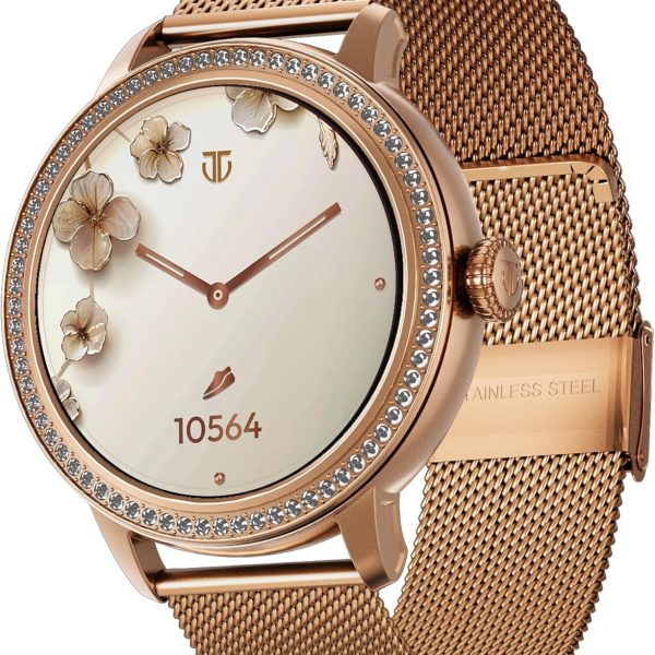 تايتن ساعة ذكية للنساء من فاليري 1.2 انش اموليد دائرية SS هيكل شبكي + سوار سيليكون لمراقبة درجة حرارة البشرة مع مستشعر اتصال بلوتوث (ذهبي وردي)