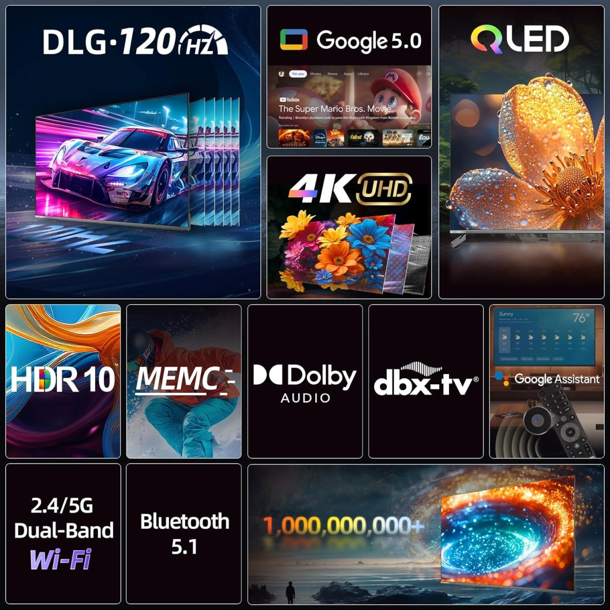 ⁦سي اتش اي كيو تلفزيون 65 بوصة 4K QLED U65QM9S، تلفزيون جوجل الذكي الرسمي، HDR10، دولبي فيجن، دولبي اتموس، MEMC، تحديث 120Hz، بلوتوث 5.1، HDMI 2.1، VRR، ALLM، بدون حواف معدنية، شاشة متعددة⁩ - الصورة ⁦6⁩
