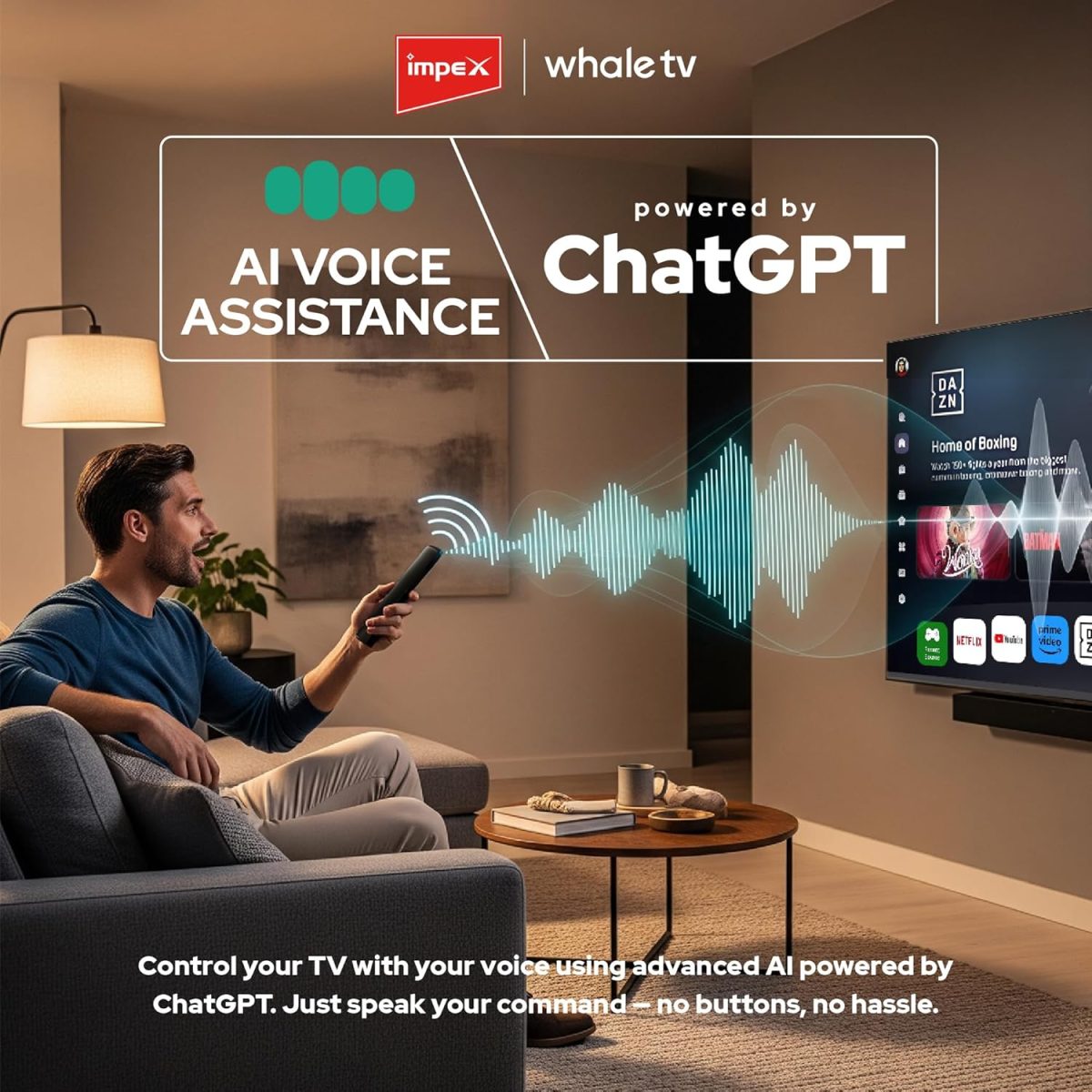 ⁦امبيكس تلفزيون ويل او اس ذكي 55 بوصة QLED (Wios55Q)، تلفزيون UHD 4K، مساعد صوت Ai ChatGPT، ذاكرة RAM 1.5GB، تخزين 8GB، 2×HDMI، 2×USB، عرض 176 درجة، لوحة A+، نتفليكس/برايم/يوتيوب، كفالة عامين⁩ - الصورة ⁦4⁩