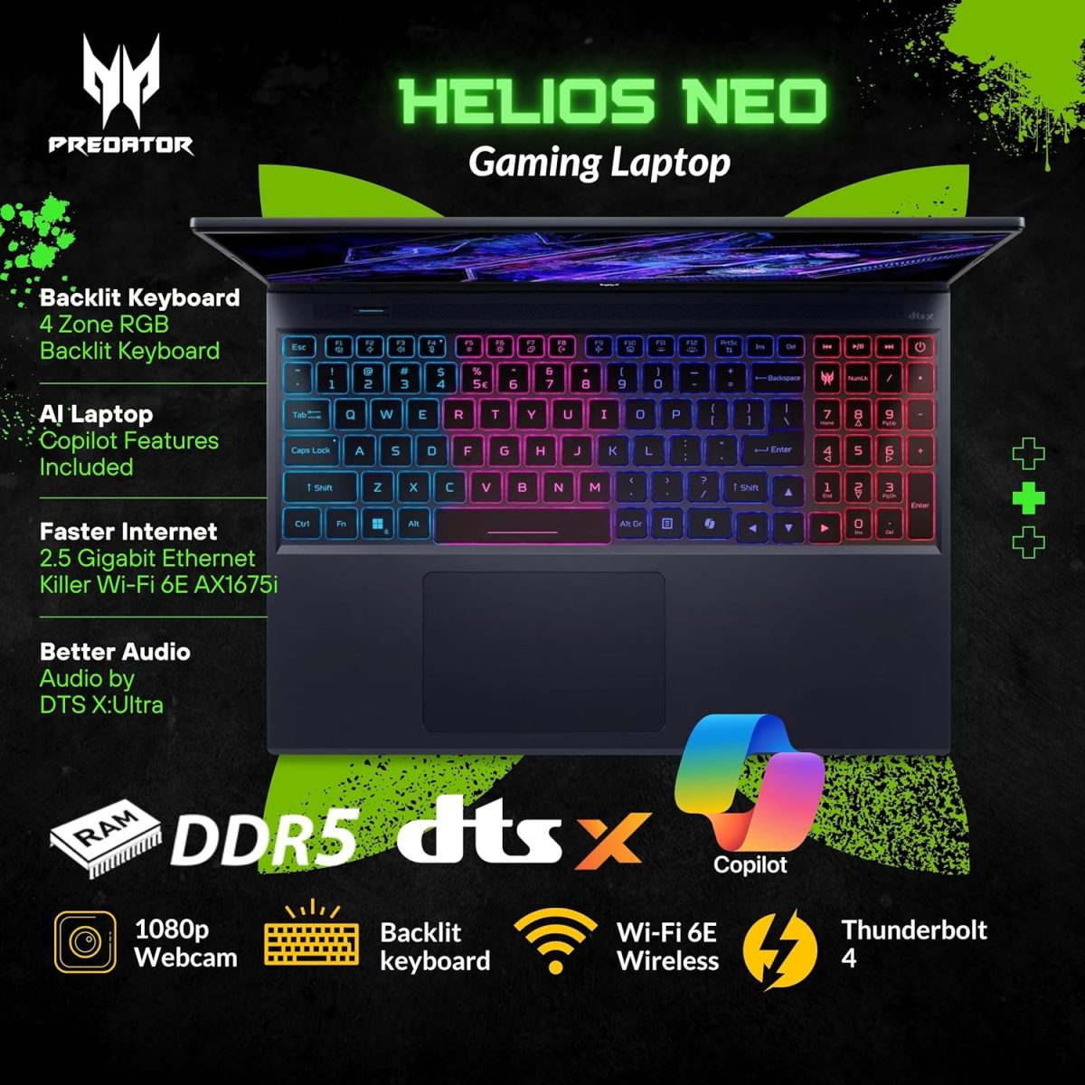 ⁦ايسر لابتوب العاب بريداتور هيليوس نيو 16، شاشة 16 انش 165Hz WUXGA ومعالج كور i9-14900HX(5.80GHz)، جيفورس RTX 4060، كيبورد باضاءة خلفية RGB، لابتوب كوبايلوت بالذكاء الاصطناعي، ويندوز 11 هوم، اسود (16GB⁩ - الصورة ⁦5⁩