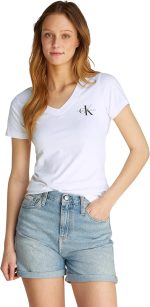 ⁦تي شيرت نسائي برقبة على شكل حرف V مزين بلوجو مونولوجو، عبوة من قطعتين⁩ - الصورة ⁦4⁩