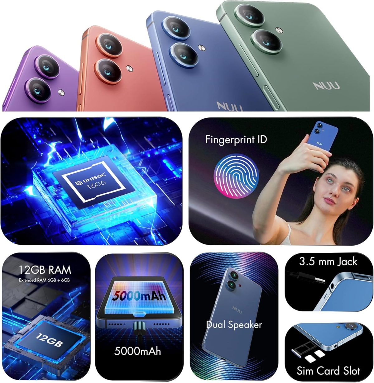 ⁦نو جوال N20 بيسيك لتي-موبايل، مينت، ميترو، كيولينك، تيلو واكثر 6GB/128GB، مثالي للمراهقين، ثنائي شرائح الاتصال 4G، ثماني النواة 6.6 انش 90Hz HD+، جوال اندرويد 14، ضمان امريكي (ازرق)⁩ - الصورة ⁦5⁩