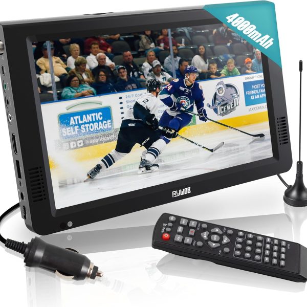 تلفزيون صغير محمول 10 بوصة من ريووب، بطارية مع ATSC/USB/بطاقة SD/HDMI/VGA/AV، شاشة LCD 1080P مع جهاز تحكم عن بعد وحامل للتخييم والسيارة والمطبخ والسفر والطوارئ