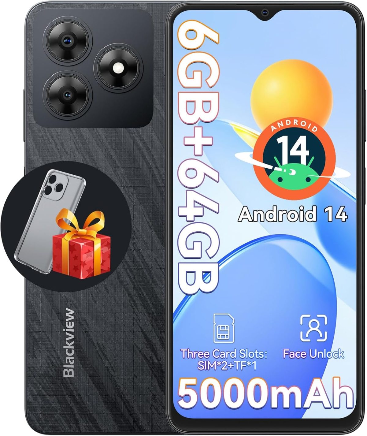 بلاك فيو جوال ويف 8C غير مقفل بنظام اندرويد 14، ثماني النواة 6GB+64GB/SD 2TB، هاتف ذكي 5000mAh، 6.59 انش HD، ضمان لمدة عامين، 3 فتحات بطاقات، 4G مزدوج تي موبايل، مقبس سماعة راس 3.5 ملم