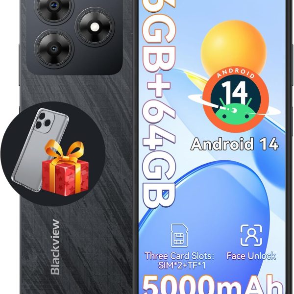 بلاك فيو جوال ويف 8C غير مقفل بنظام اندرويد 14، ثماني النواة 6GB+64GB/SD 2TB، هاتف ذكي 5000mAh، 6.59 انش HD، ضمان لمدة عامين، 3 فتحات بطاقات، 4G مزدوج تي موبايل، مقبس سماعة راس 3.5 ملم