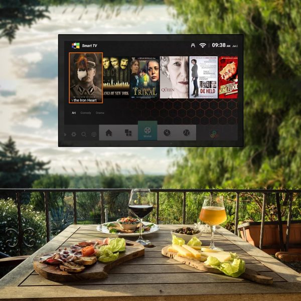 إليكسونج تلفزيون خارجي ذكي مقاوم للماء مقاس 55 بوصة، تلفزيون 4K مقاوم للطقس للاماكن الخارجية، يدعم مساعد اندرويد 11.0، كروم كاست، سطوع 2000 نيت، شمس جزئية