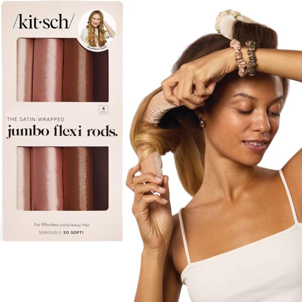 كيتش اداة تجعيد الشعر جامبو بدون حرارة - قضبان مرنة مغطاة بالساتان للشعر الطويل والقصير | تجعيد الشعر للنوم | بدون تجعيد حراري لجميع انواع الشعر، خشب الورد