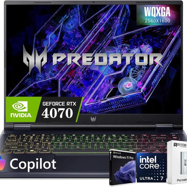 ايسر لابتوب بريداتور هيليوس نيو 14 للالعاب بتقنية الذكاء الاصطناعي، بطاقة عرض مرئي جيفورس RTX 4070، شاشة 14.5 انش WQXGA (2560×1600، 100% sRGB، جي-سينك)، انتل 16 كور الترا 7 155H، اضاءة خلفية RGB