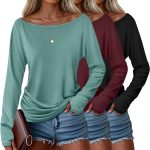 هوكيه 3 قطع من بلايز بقبة قارب واكمام طويلة للنساء، قمصان مكشكشة جانبية مكشكشة بدون اكتاف وفتحة الابهام، قمصان تونيك كاجوال فضفاضة