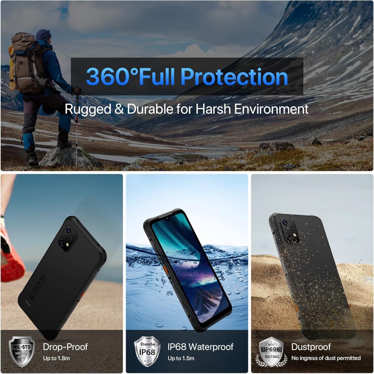 ⁦يوميدجي جوال بيسون X20 اندرويد 13 متين مقاوم للماء IP68/IP69K 6000mAh 12 (6+6) + 128GB/TF 1TB قابل للتوسيع وشاشة 6.55 انش NFC AGPS و4G ثنائي شرائح الاتصال⁩ - الصورة ⁦3⁩