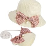 ميكنج تيك طقم قبعة من القش وشنطة كروس صغيرة من القش، مع زينة فيونكة، قبعات للحماية من الشمس، قبعة شاطئ صيفية للاطفال، قبعة شمس صيفية للشاطئ، للسفر والانشطة الخارجية