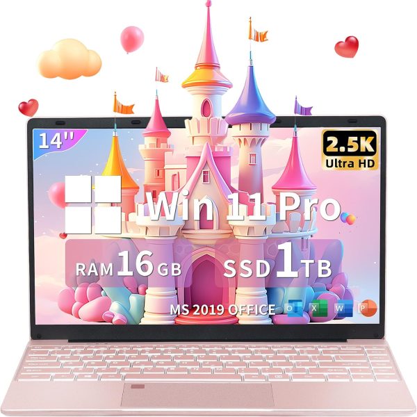 【ويندوز 11 برو/اوفيس 2019】 لابتوب 14 انش 2.5K UHD (2560×1440) IPS، وحدة معالجة مركزية الدر ليك N95 (حتى 3.4Ghz)، 16GB DDR5 RAM، 1TB PCIE NVME SSD، بصمة اصبع، كيبورد باضاءة خلفية، HDMI صغير، ذهبي وردي