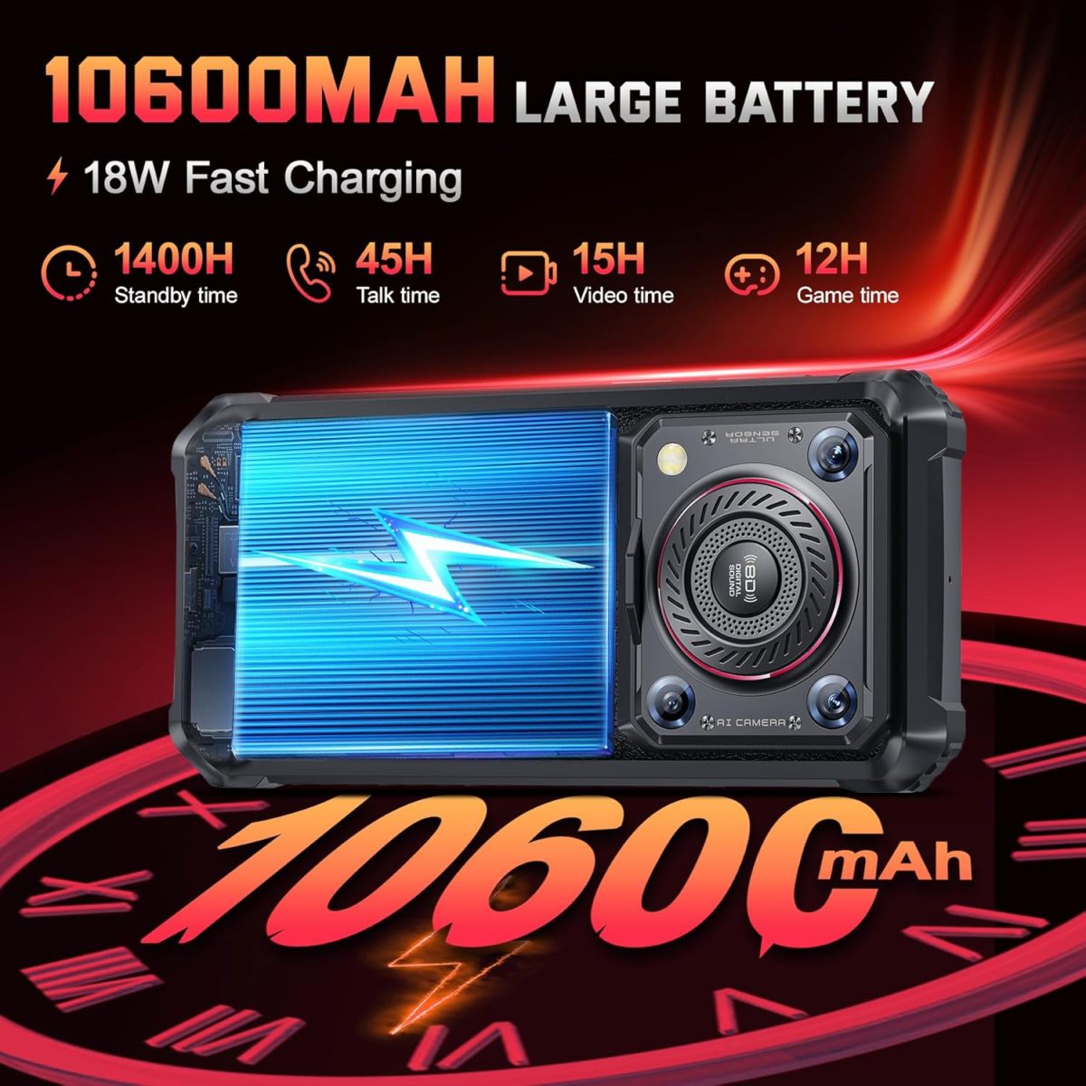 ⁦اوكتيل جوال WP36 برو متين مفتوح 24GB+256GB، بطارية 10600mAh، شاشة 6.55 انش، كاميرا 13MP، مكبر صوت 128 ديسيبل، 4G ثنائي شرائح الاتصال اندرويد 14، IP68/69K/NFC/OTG/GPS/T-Mobile⁩ - الصورة ⁦3⁩