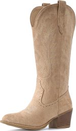 ⁦حذاء كاوبوي من الشمواه للنساء من اي يو في بكعب سميك ومقدمة مدببة، حذاء راعية البقر بطول منتصف الساق مطرز غربي للخريف⁩ - الصورة ⁦2⁩