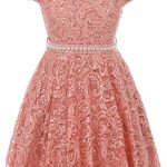 اي غيرل دريس فستان بناتي مزين بالزهور من الدانتيل اللامع واللؤلؤ وأكمام قصيرة على الكتف مقاس 4-14