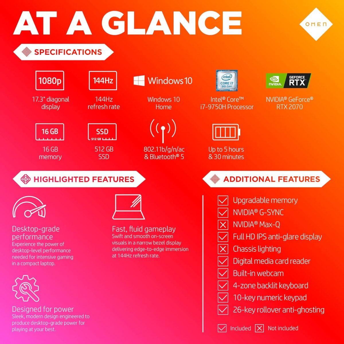 ⁦اومن لابتوب العاب اتش بي 2019 17 انش، انتل i7-9750H، انفيديا جيفورس RTX 2070 (8 جيجابايت)، ذاكرة رام 16 جيجابايت، وسيط تخزين ذو حالة ثابتة 512 جيجابايت، جاهز للواقع الافتراضي، ويندوز 10 هوم⁩ - الصورة ⁦6⁩