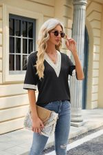 ⁦قمصان نسائية كاجوال 3/4 كم دانتيل برقبة على شكل حرف V، بلايز عصرية مجوفة مزينة بالزهور⁩ - الصورة ⁦2⁩