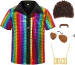 زي ديسكو للاولاد من السبعينيات - قميص باكمام قصيرة مزين بالترتر وقلادة ذهبية ونظارات شمسية غير تقليدية - زي حفلات رترو