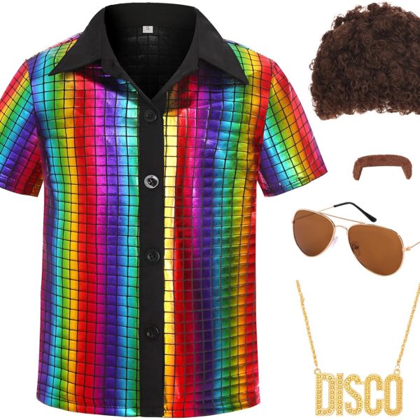 زي ديسكو للاولاد من السبعينيات - قميص باكمام قصيرة مزين بالترتر وقلادة ذهبية ونظارات شمسية غير تقليدية - زي حفلات رترو