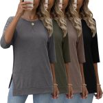 4 قطع من بلايز باكمام 3/4 للنساء من القطن بقبة دائرية وفتحة جانبية وقصة فضفاضة كاجوال بيسيك للبنطلونات الضيقة