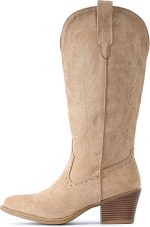 ⁦حذاء كاوبوي من الشمواه للنساء من اي يو في بكعب سميك ومقدمة مدببة، حذاء راعية البقر بطول منتصف الساق مطرز غربي للخريف⁩ - الصورة ⁦3⁩