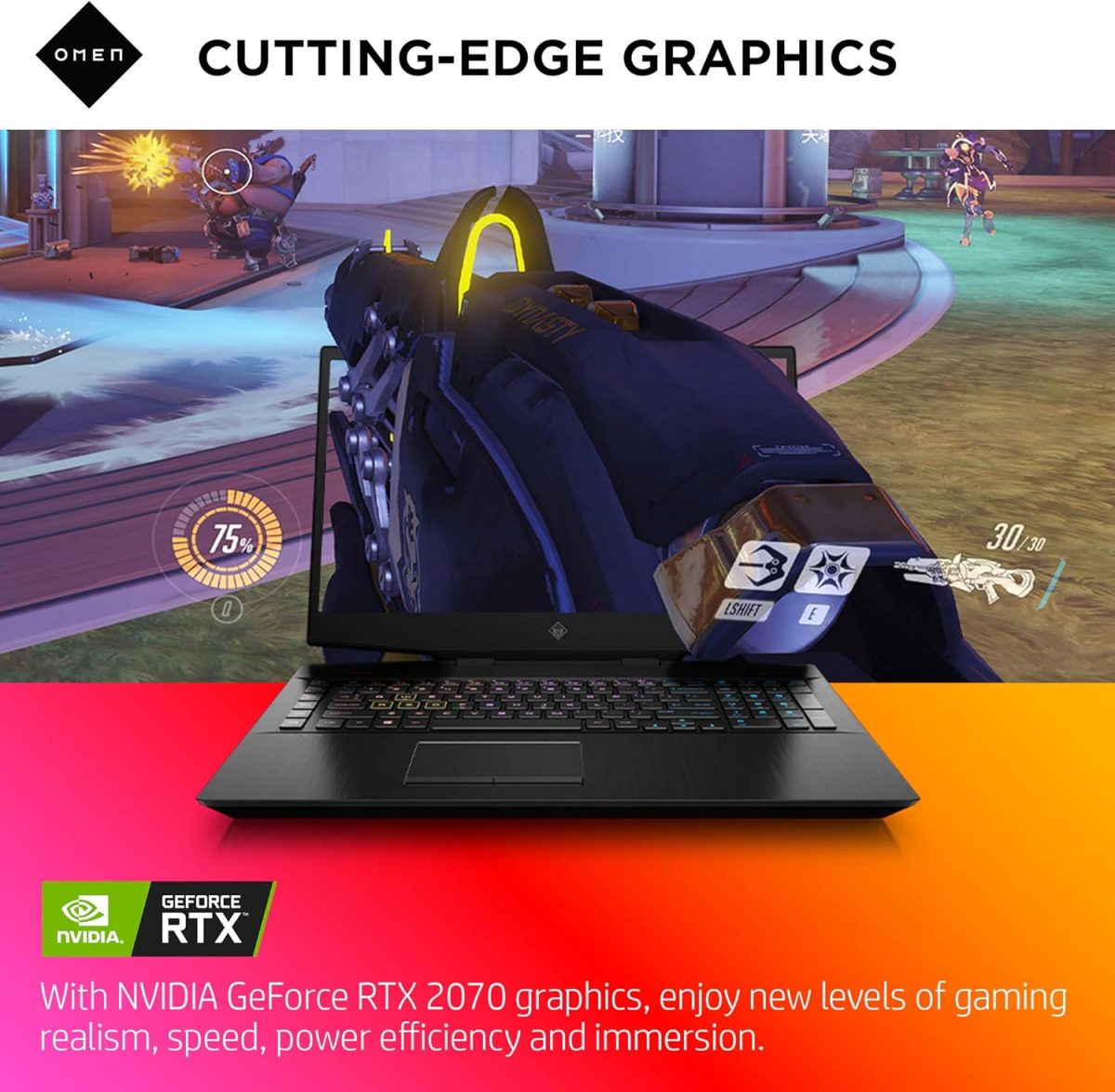 ⁦اومن لابتوب العاب اتش بي 2019 17 انش، انتل i7-9750H، انفيديا جيفورس RTX 2070 (8 جيجابايت)، ذاكرة رام 16 جيجابايت، وسيط تخزين ذو حالة ثابتة 512 جيجابايت، جاهز للواقع الافتراضي، ويندوز 10 هوم⁩ - الصورة ⁦2⁩