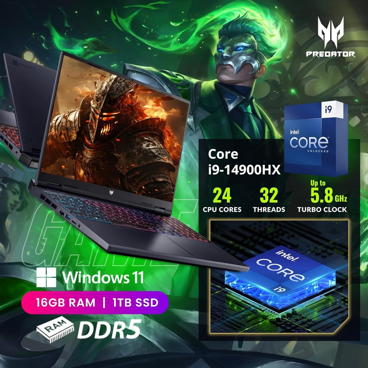 ⁦ايسر لابتوب العاب بريداتور هيليوس نيو 16، شاشة 16 انش 165Hz WUXGA ومعالج كور i9-14900HX(5.80GHz)، جيفورس RTX 4060، كيبورد باضاءة خلفية RGB، لابتوب كوبايلوت بالذكاء الاصطناعي، ويندوز 11 هوم، اسود (16GB⁩ - الصورة ⁦3⁩