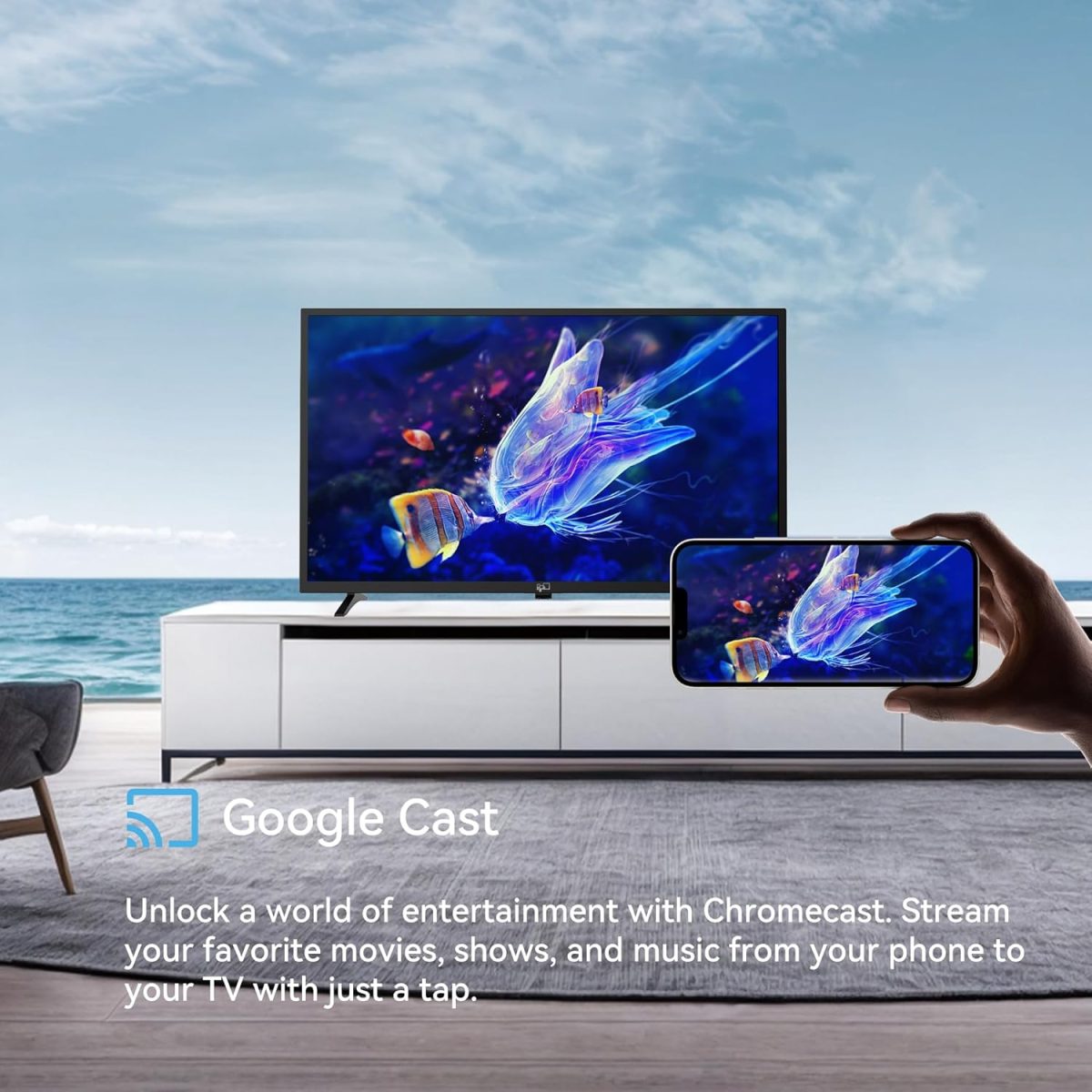 ⁦تلفزيون ذكي بشاشة مسطحة HD 720p مقاس 32 بوصة من اف بي دي مع جوجل بلاي، تلفزيون LED صغير لغرفة المعيشة، جوجل كاست مدمج، بث مباشر اندرويد مع واي فاي، بلوتوث (موديل 2025)⁩ - الصورة ⁦5⁩