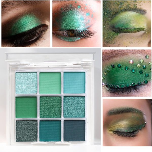 باليت ظلال عيون خضراء من جراجرا، 9 الوان لامعة، ظلال عيون لامعة وغير لامعة، مكياج ظلال عيون عالي الاصطباغ، باليت مكياج ظلال عيون بلون بارد مقاوم للماء
