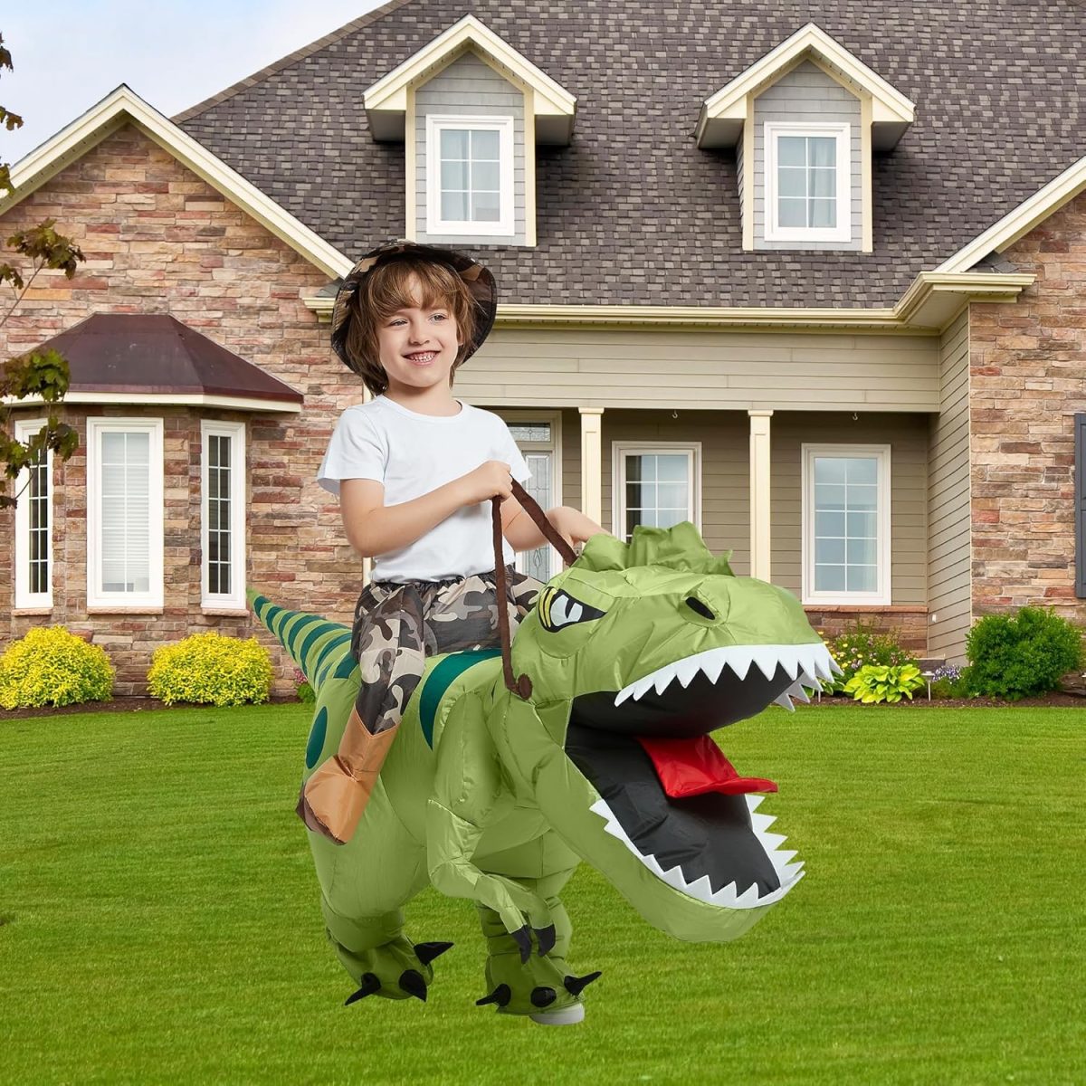 ⁦One Casa Inflatable Dinosaur Costume Riding T Rex Air Blow up Funny Fancy Dress Party Halloween Costume for Kids⁩ - الصورة ⁦2⁩