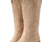 حذاء كاوبوي من الشمواه للنساء من اي يو في بكعب سميك ومقدمة مدببة، حذاء راعية البقر بطول منتصف الساق مطرز غربي للخريف