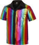 ⁦زي ديسكو للاولاد من السبعينيات - قميص باكمام قصيرة مزين بالترتر وقلادة ذهبية ونظارات شمسية غير تقليدية - زي حفلات رترو⁩ - الصورة ⁦3⁩