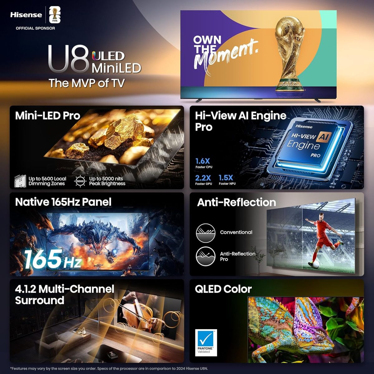 ⁦هايسينس تلفزيون ذكي 55 بوصة فئة U8 صغير LED ULED 4K UHD جوجل (55U8QG، موديل 2025) - QLED، اصلي 165Hz، VRR 288، حتى LD5600، 5000 وحدة مضيئة في البكسل، HDR10+، دولبي فيجن اي كيو اتموس، اي ماكس محسن، صوت⁩ - الصورة ⁦5⁩