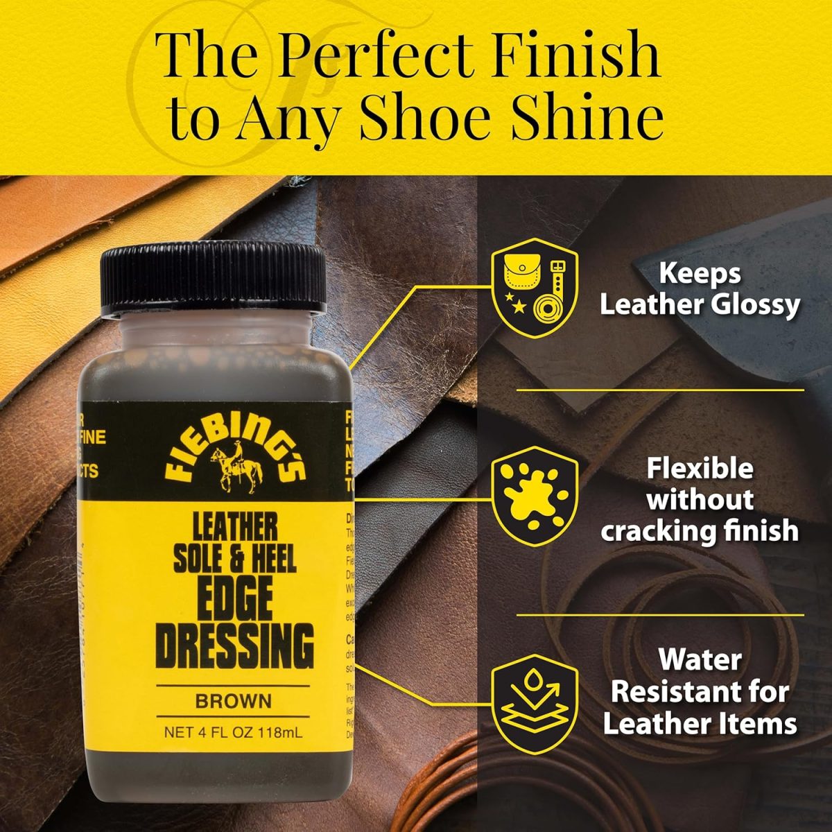 ⁦Fiebing's Leather Sole & Heel Edge Dressing 2-Pack (4 oz) - Protective Glossy Shoe Finish - Includes Brush Applicator⁩ - الصورة ⁦4⁩