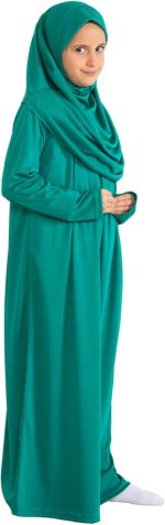 ⁦فستان صلاة للاطفال من برين، ملابس اسلامية للبنات باكمام طويلة مع حجاب، طقم اسلامي ماكسي من قطعتين وشاح قفطان جلباب⁩ - الصورة ⁦2⁩