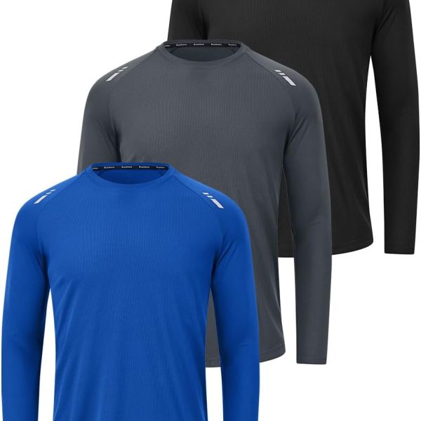 تي شيرت رياضي باكمام طويلة ورقبة دائرية ضيقة للرجال من 3 قطع