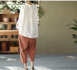 ⁦قميص كتان مطرز بنمط أدبي رترو للنساء للربيع والصيف، قمصان كاجوال فضفاضة بياقة واقفة واكمام طويلة⁩ - الصورة ⁦4⁩