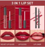 ⁦مجموعة احمر شفاه سائل مخملي غير لامع ومرطب وملمع شفاه كريمي ومحدد شفاه وردي 04⁩ - الصورة ⁦2⁩