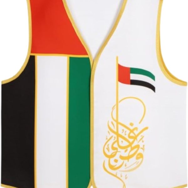 سترة للاحتفال باليوم الوطني لدولة الامارات العربية المتحدة، صدرية بتصميم علم تقليدي مع خط عربي، زي وطني للرجال والنساء والاطفال، احمر واخضر واسود وابيض وذهبي