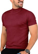 بلوفر رجالي كاجوال بقصة ضيقة واكمام قصيرة وقبة مدورة مضلع محبوك وقابل للتمدد